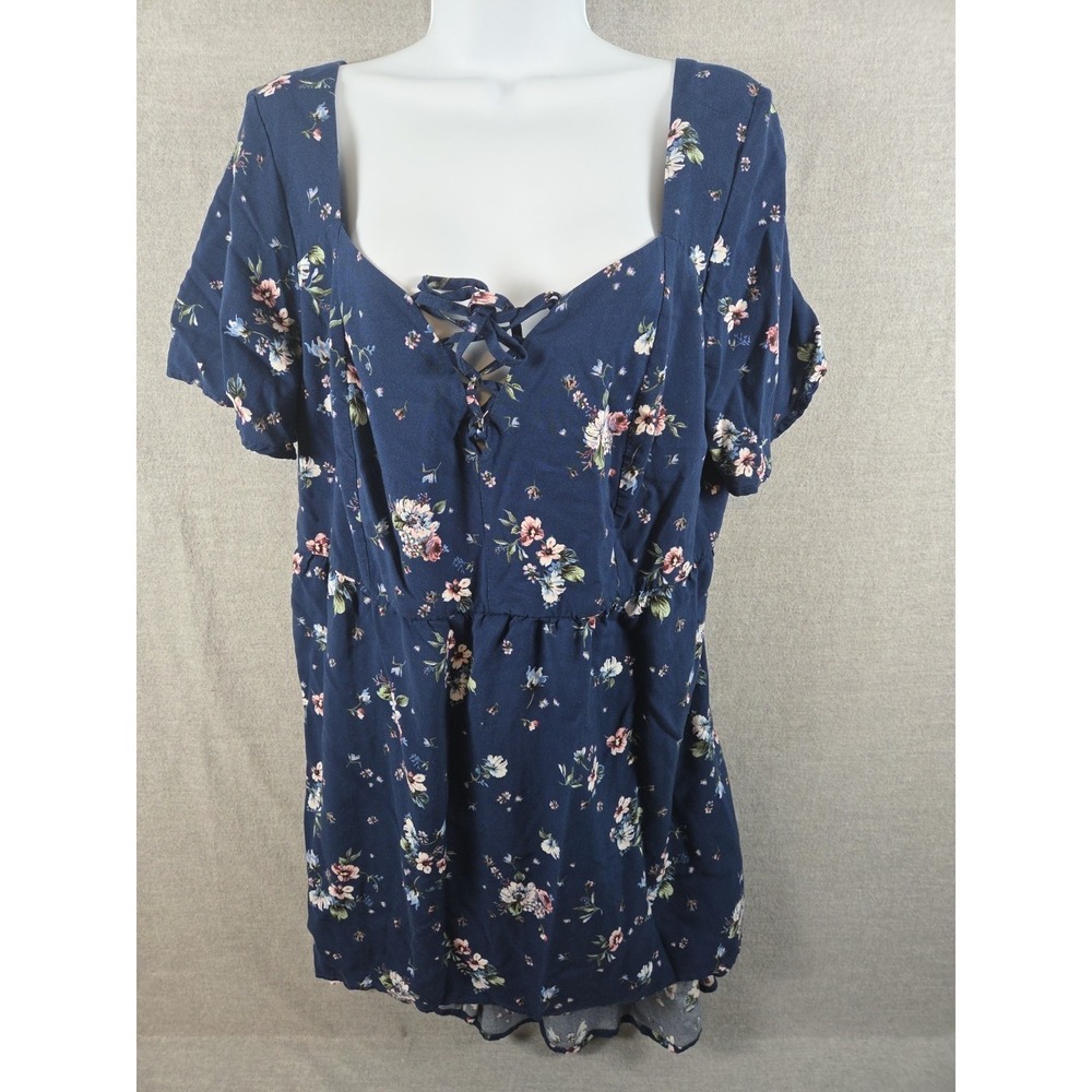 TORRID Size 1 Babydoll Challis Top Hi Low Lace Up Blue Floral Tunic Womens 14/16